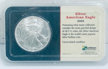 2005 SILVER AMERICAN EAGLE  - 1 0ZT. .999 FINE SILVER COIN IN LITTLETON COIN DISPLAY CASE