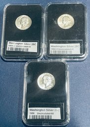 1954-S, 1954-D & 1956  UNITED STATES WASHINGTON SILVER QUARTER DOLLAR COINS- UNCIRCULATED - IN PLASTIC CASES