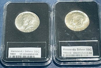 1964 & 1964-D  UNITED STATES SILVER KENNEDY HALF DOLLAR COIN - UNCIRCULATED - IN PLASTIC CASES