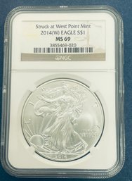 2014-W SILVER AMERICAN EAGLE $1 99.9 PERCENT FINE SILVER ROUND COIN-STRUCK AT WEST POINT MINT-NGC GRADED -MS69