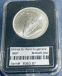 2021 1 OZT. .999 FINE SILVER SOUTH AFRICA SILVER RAND KRUGERAND - BU / BRILLIANT UNCIRCULATED- IN PLASTIC CASE