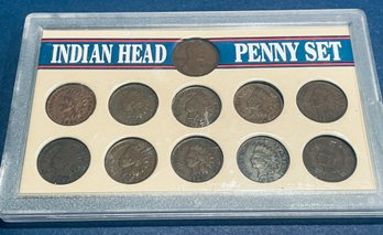 LOT (10) INDIAN HEAD CENT & (1) WHEAT PENNY COIN SET - IN PLASTIC DISPLAY