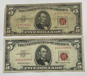 LOT (2) SERIES 1963 $5 FIVE DOLLAR RED SEAL UNITED STATES NOTES