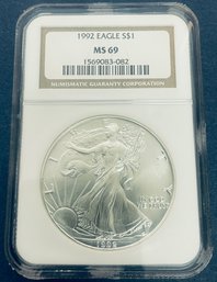 1992 SILVER AMERICAN EAGLE $1 99.9 PERCENT FINE SILVER ROUND - NGC GRADED -MS69