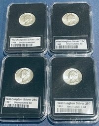 1959, 1960, 1961 & 1963 UNITED STATES WASHINGTON SILVER QUARTER DOLLAR COINS- UNCIRCULATED - IN PLASTIC CASES