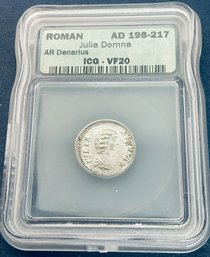 ANCIENT ROMAN SILVER COIN - AD 198-217 - JULIA DOMNA - AR DENARIUS ICG VF 20