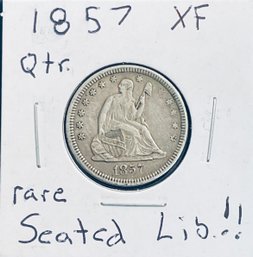 RARE 1857 SEATED LIBERTY SILVER QUARTER DOLLAR COIN - XF! RARE FIND!