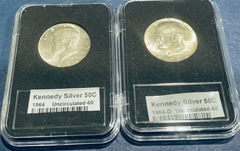 1964 & 1964-D  UNITED STATES SILVER KENNEDY HALF DOLLAR COIN - UNCIRCULATED - IN PLASTIC CASES
