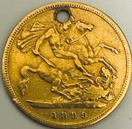 1899 UNITED KINGDOM 1/2 POUND HALF SOVEREIGN GOLD COIN - JEWELRY HOLED