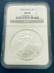2010 SILVER AMERICAN EAGLE $1 99.9 PERCENT FINE SILVER ROUND - NGC GRADED -MS69