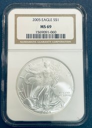 2005 SILVER AMERICAN EAGLE $1 99.9 PERCENT FINE SILVER ROUND - NGC GRADED -MS69