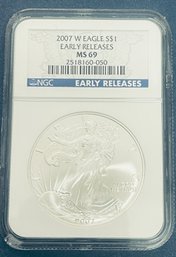 2007-W SILVER AMERICAN EAGLE $1 99.9 PERCENT FINE SILVER ROUND COIN -EARLY RELEASES- NGC GRADED -MS69