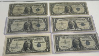 LOT OF (6) SERIES 1957 B $1 ONE DOLLAR SILVER CERTIFICATES - INCLUDES:  STAR NOTE!