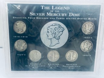SET OF (7) - THE LEGEND OF THE SILVER MERCURY DIME IN DISPLAY CASE W/ COA - 1909-1942