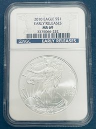 2010 SILVER AMERICAN EAGLE $1 99.9 PERCENT FINE SILVER ROUND COIN -EARLY RELEASES- NGC GRADED -MS69