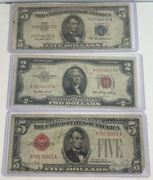 1928F $5 FIVE DOLLAR RED SEAL US NOTE, 1953 $2 DOLLAR RED SEAL US NOTE & $5 DOLLAR BLUE SILVER CERTIFICATE