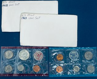 LOT (2) US MINT UNCIRCULATED SETS W/ P & D MINTS -1968 & 1969- INCLUDES:  KENNEDY SILVER HALF DOLLARS - IN OGP