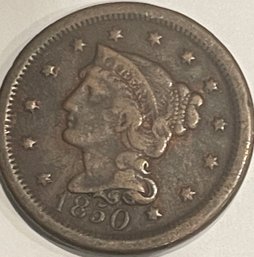 1850 BRAIDED HAIR LARGE CENT PENNY COIN