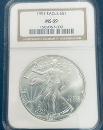 1991 SILVER AMERICAN EAGLE $1 99.9 PERCENT FINE SILVER ROUND - NGC GRADED -MS69