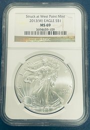 2013-W SILVER AMERICAN EAGLE $1 99.9 PERCENT FINE SILVER ROUND COIN-STRUCK AT WEST POINT MINT-NGC GRADED -MS69