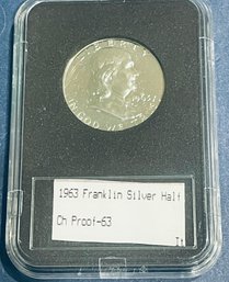 1963 PROOF FRANKLIN SILVER HALF DOLLAR COIN - IN PLASTIC CASE