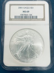 2001 SILVER AMERICAN EAGLE $1 99.9 PERCENT FINE SILVER ROUND - NGC GRADED -MS69