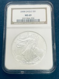 2008 SILVER AMERICAN EAGLE $1 99.9 PERCENT FINE SILVER ROUND - NGC GRADED -MS69