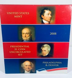 UNITED STATES MINT 2008 PRESIDENTIAL $1 COIN UNCIRCULATED SET - P & D MINTS - 8 COINS - IN DISPLAY CASE