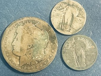 LOT (3) DAMAGED / DATELESS SILVER COINS - $1.50 FV - INCLUDES: (2) QUARTERS & MORGAN SILVER DOLLAR COINS