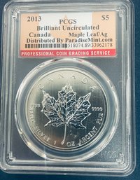 2013 CANADIAN MAPLE LEAF - 1 OZT .9999 FINE SILVER COIN - PCGS GRADED - BU / BRILLIANT UNCIRCULATED!