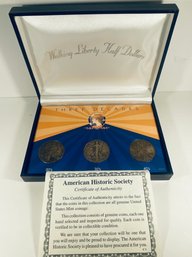 AMERICAN HISTORIC SOCIETY SET(3) WALKING LIBERTY HALF DOLLARS-THREE DECADES 20'S, 30'S AND 40'S-IN DISPLAY BOX