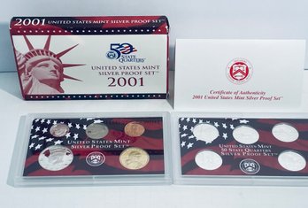 2001 US MINT SILVER PROOF SET - INCLUDES: US MINT 50 STATE QUARTERS SILVER PROOF SET-NY, RI, NC, VT & KY