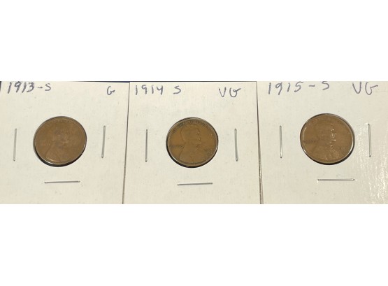LOT (3) LINCOLN PENNY CENT COINS - KEYS DATES - 1913-S, 1914-S & 1915-S