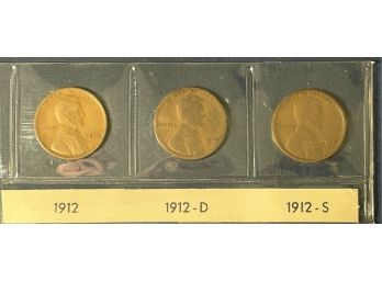 LOT (3) LINCOLN PENNY CENT COINS - 1912, 1912-d & 1912-s- KEY DATE!