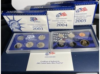 LOT (3) UNITED STATES MINT PROOF COIN SETS- 2003, 2004 & 2005 IN BOXES!