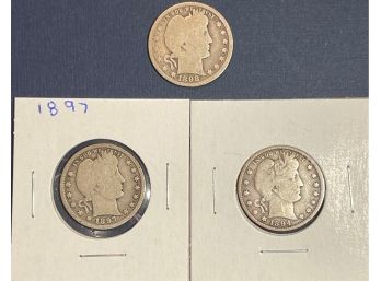 LOT OF (3) US BARBER SILVER QUARTER COINS - 1894, 1897 & 1898