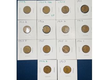 1909- 1917 WHEAT CENT PENNY COIN LOT- ALL TEENS!  ALL DIFFERENT DATES