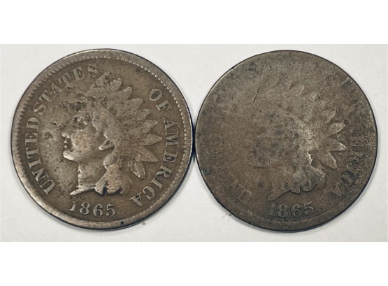 LOT (2) INDIAN HEAD CENT PENNY COINS - 1865 PLAIN & 1865 FANCY FIVE!