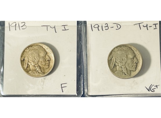 1913 & 1913-D BUFFALO NICKEL COINS - TYPE I - FINE & VG
