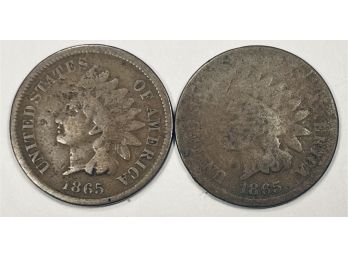LOT (2) INDIAN HEAD CENT PENNY COINS - 1865 PLAIN & 1865 FANCY FIVE!