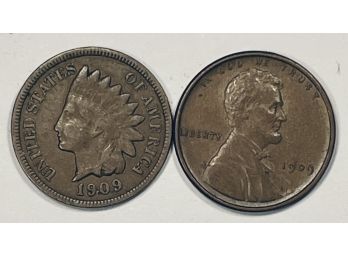 1909 INDIAN HEAD CENT PENNY COIN & 1909 VDB WHEAT CENT PENNY COIN - BOTH XF!