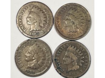 LOT (4) INDIAN HEAD CENT PENNY COINS - 1880, 1881, 1882 & 1883 - SEMI-KEY DATES - AVERAGE CIRCULATED