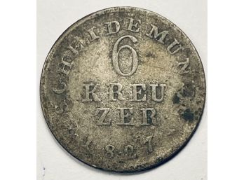 1827 GERMAN 6 KREUZER SILVER COIN!