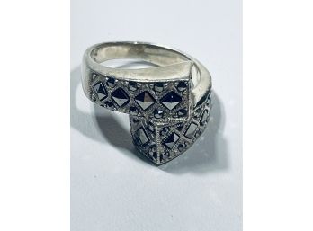 VINTAGE GEOMETRIC STERLING SILVER & MARCASITE RING - SIGNED - SIZE 6