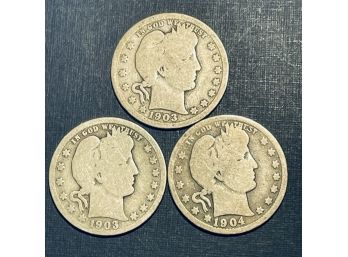 LOT OF (3) BARBER SILVER QUARTER COINS - 1903, 1903-O & 1904
