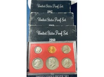 LOT (3) UNITED STATES PROOF COIN SETS IN CASE & BOX - 1980, 1981, 1982 - SOME DAMAGE ON BOXES