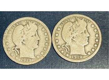 LOT OF (2) BARBER SILVER QUARTER COINS - 1910 & 1910-D