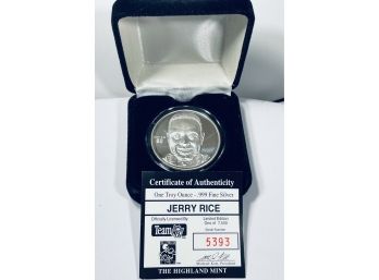 LIMITED EDITION SPORTS COMMEMORATIVE ONE TROY OUNCE .999 FINE SILVER COIN IN BOX - JERRY RICE