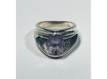 AMETHYST WIDE BAND STERLING SILVER RING - SIZE 6 1/2