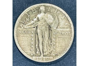 1917-D STANDING LIBERTY SILVER QUARTER COIN - VARIETY 2- SEMI - KEY DATE